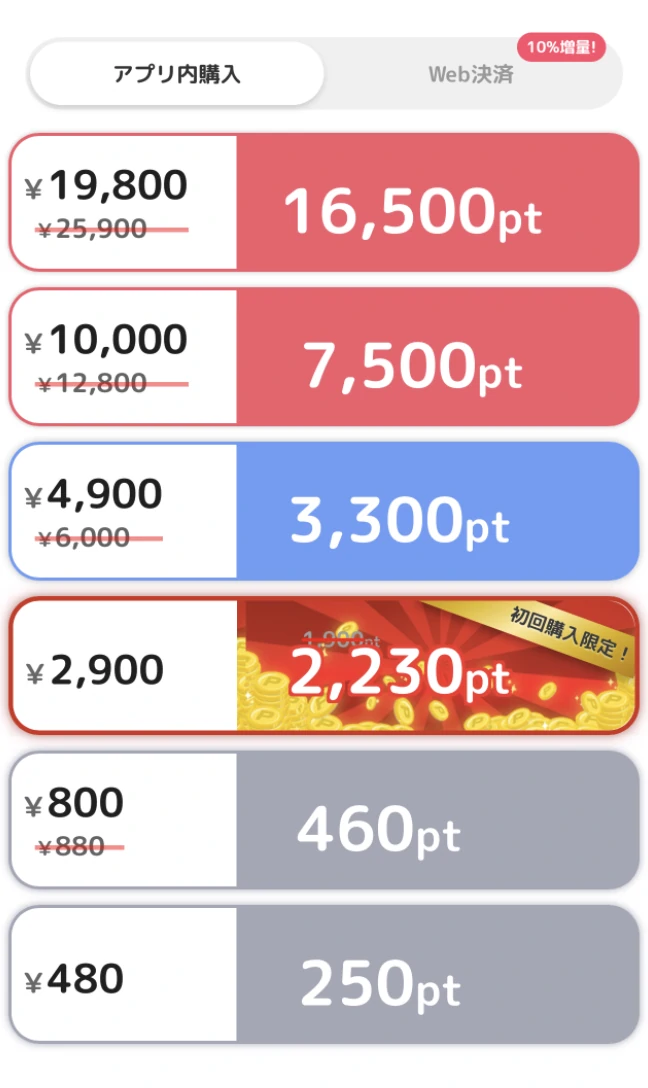 MIYABIのアプリ内購入によるポイント購入画面