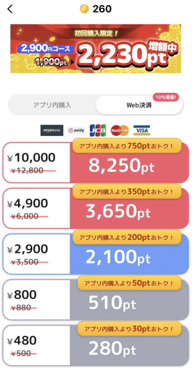 MIYABIのWeb決済によるポイント購入画面